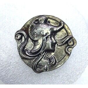 Vintage Lady Cameo Pewter Silver Tone Art Nouveau Button 1.5" Relief Shank